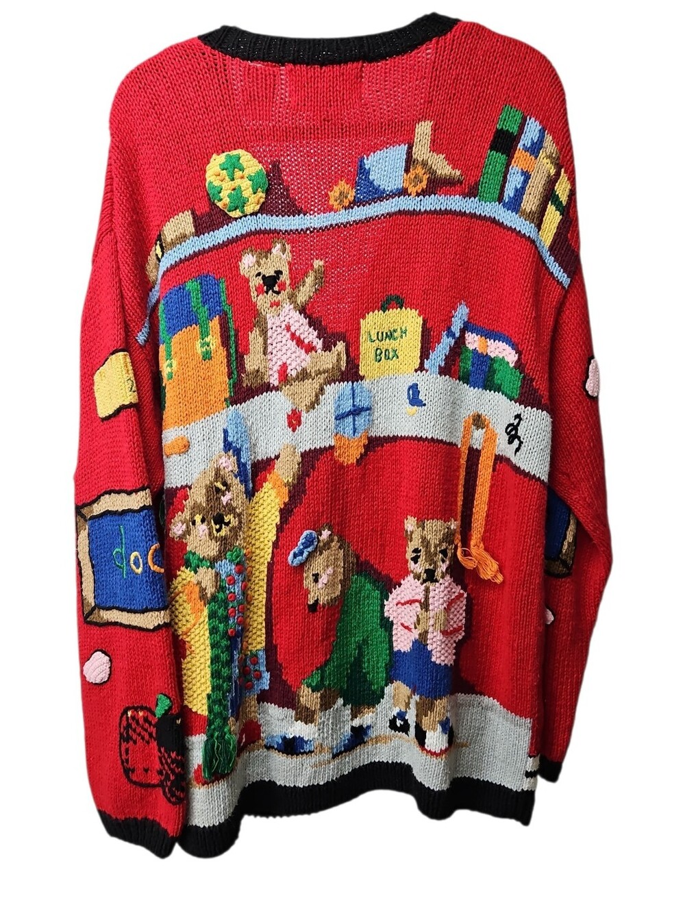 Vintage Eagle Eye Novelty Teacher Back To School Red Cardigan Hand Knit Sweater - Picture 2 of 7